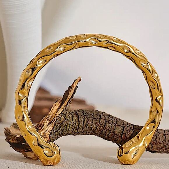 "Hammered Gold Plated Contour Bangle, Unique Stainless Steel Cuff, Trendy - Picture 7 of 12
